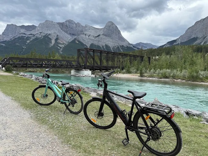 E-bikes parked by the Canmore Engine Bridge