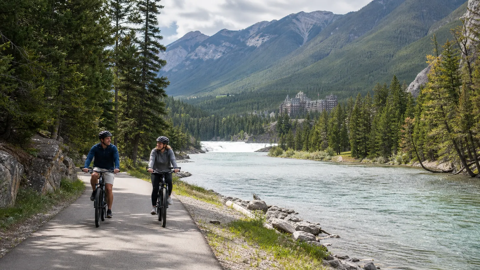Two e-bike riders on the paved Bow River Pathway near Bow Falls and Banff Springs