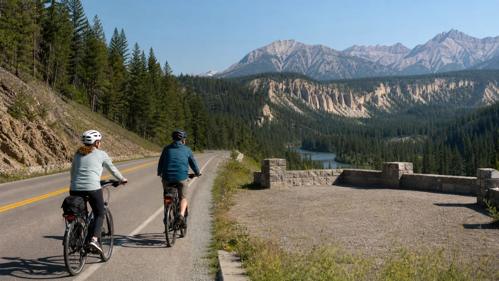 Two e-bike riders on the paved route beside a Bow River valley viewpoint near the Hoodoos