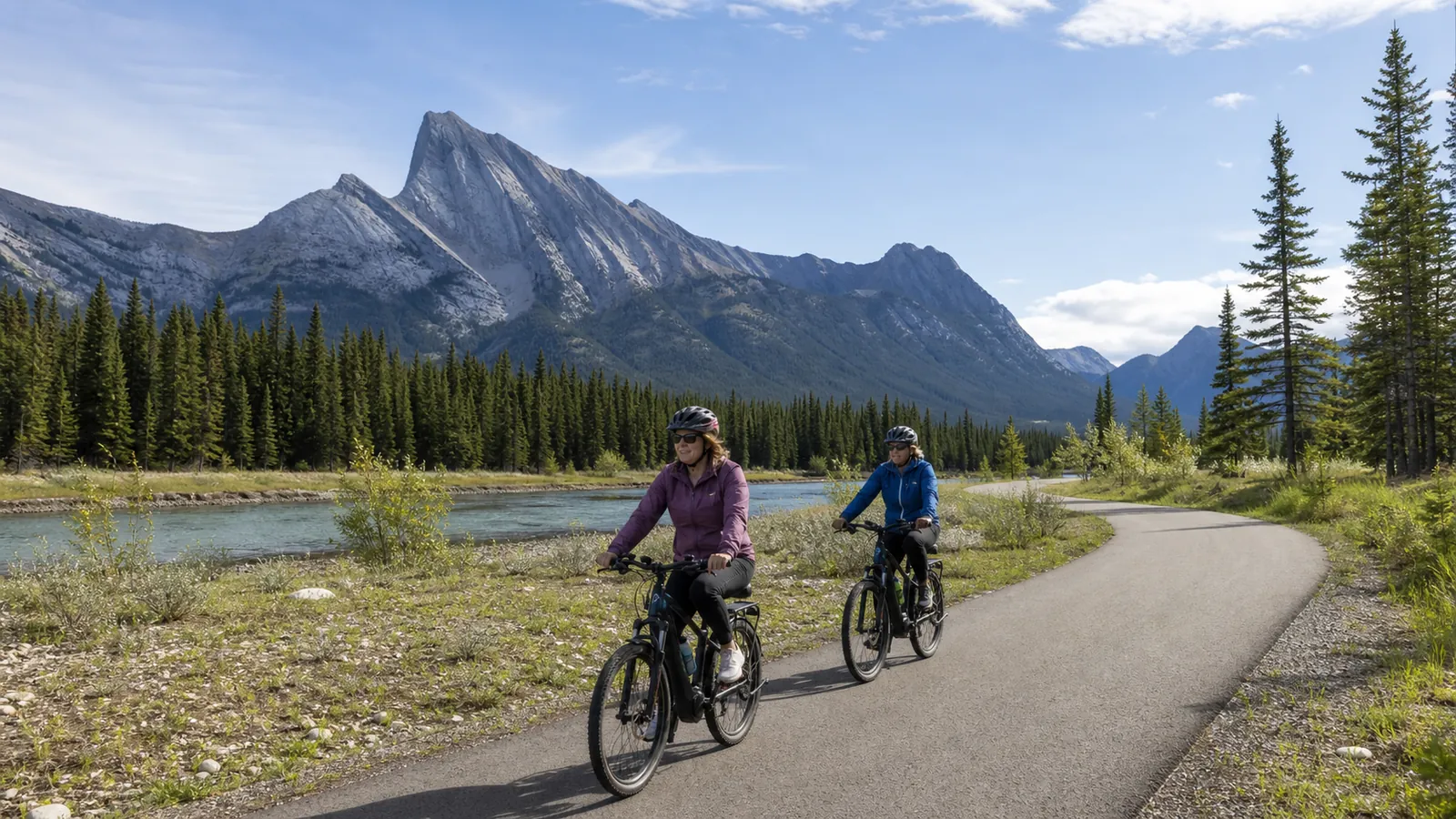 Two e-bike riders on the paved Legacy Trail beside the Bow River and Rocky Mountains