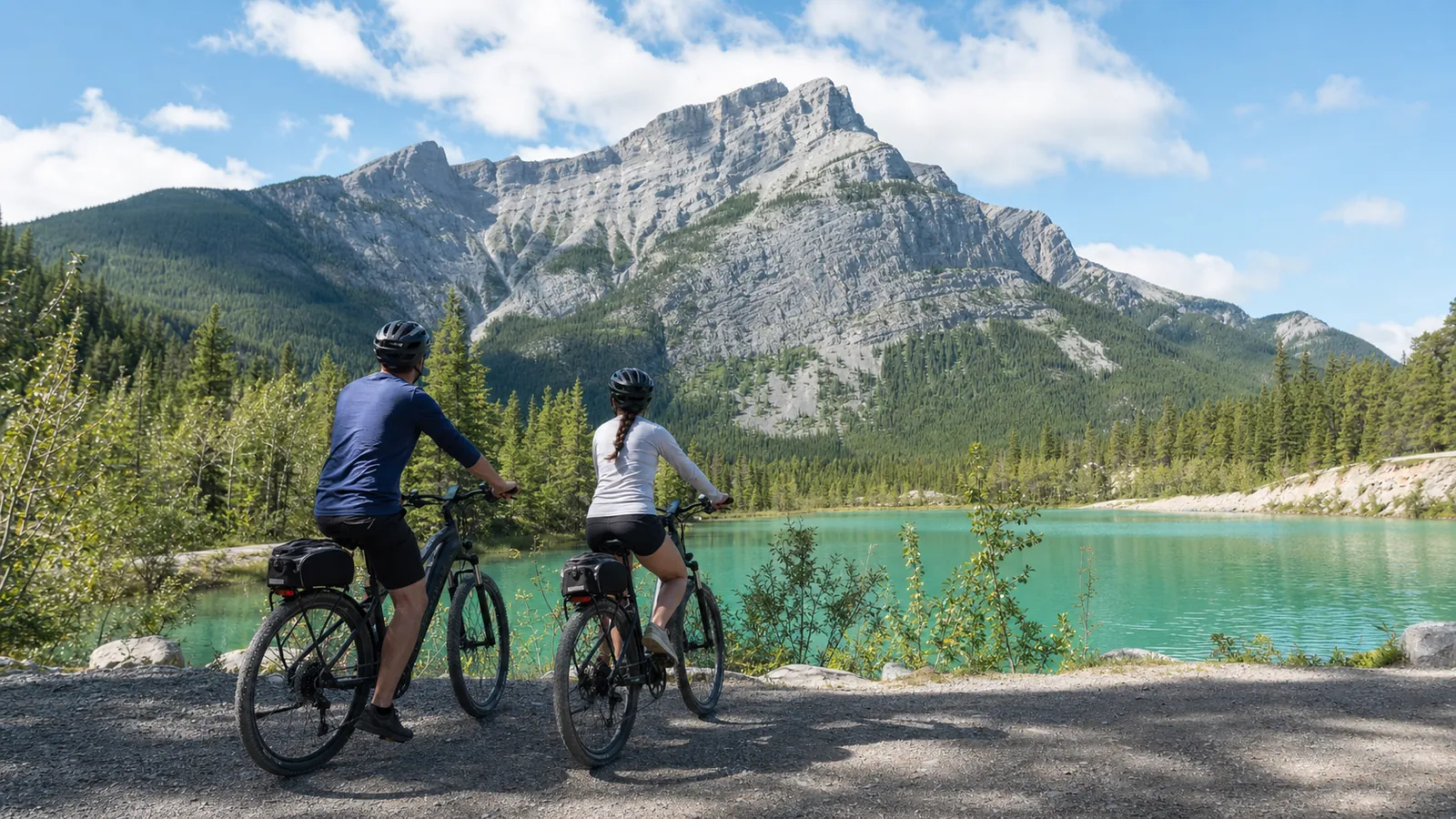 Two e-bike riders beside turquoise Quarry Lake with Ha Ling Peak above Canmore
