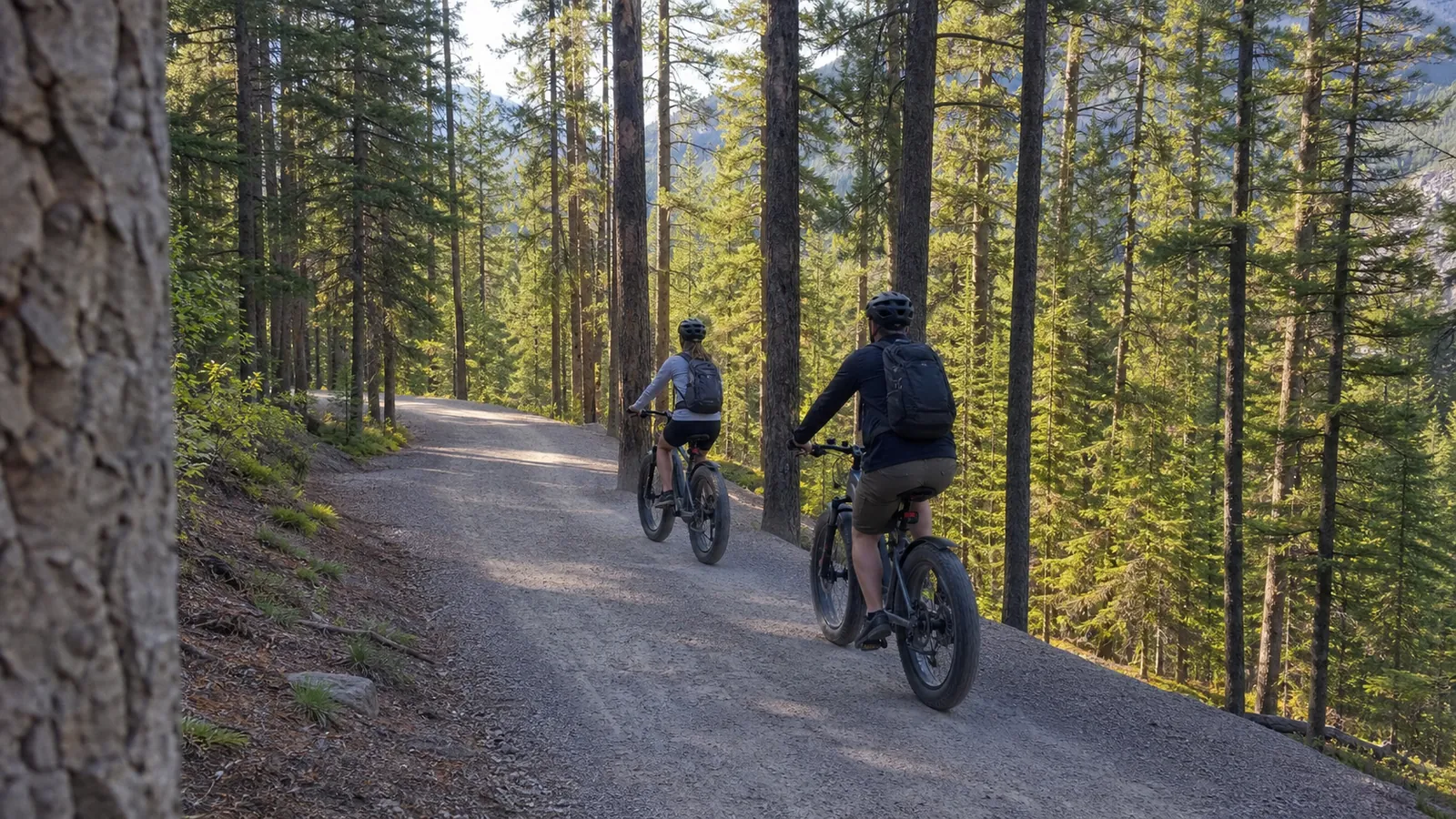 Two e-bike riders climbing the gravel Sundance Trail through Banff pine forest