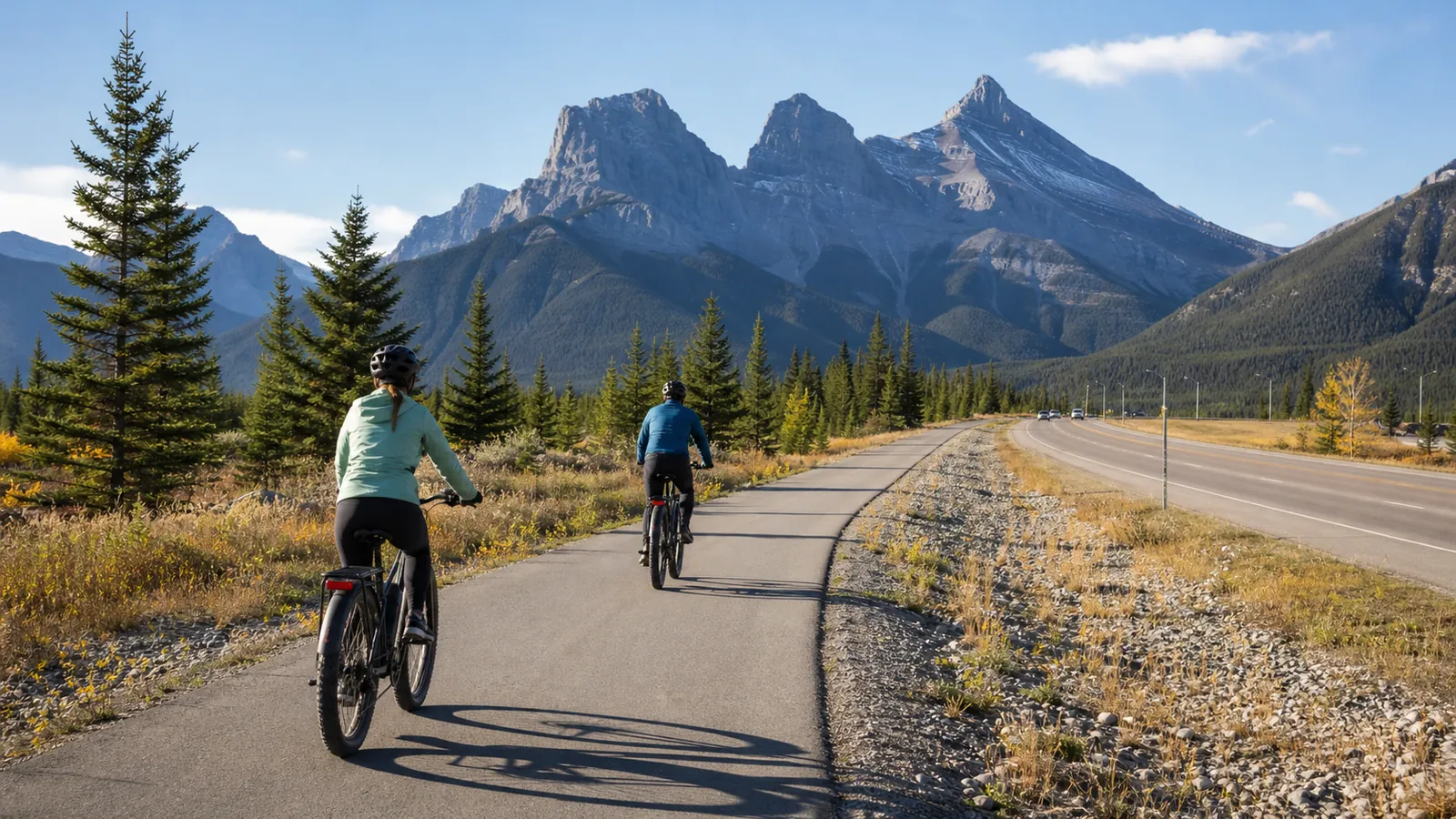 Two e-bike riders on the Three Sisters Parkway shoulder beneath Canmore's Three Sisters peaks