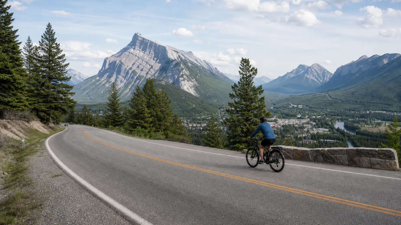An e-bike rider on Tunnel Mountain Drive overlooking Banff and the Bow Valley