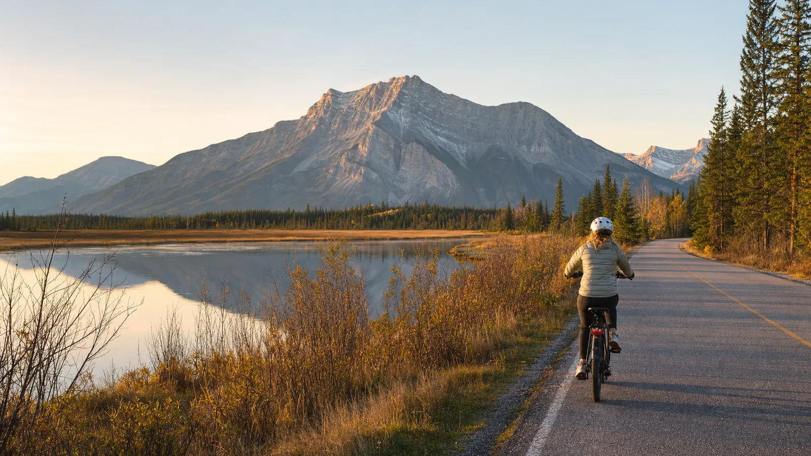 An e-bike rider on Vermilion Lakes Road at sunrise with Mount Rundle reflected in the water